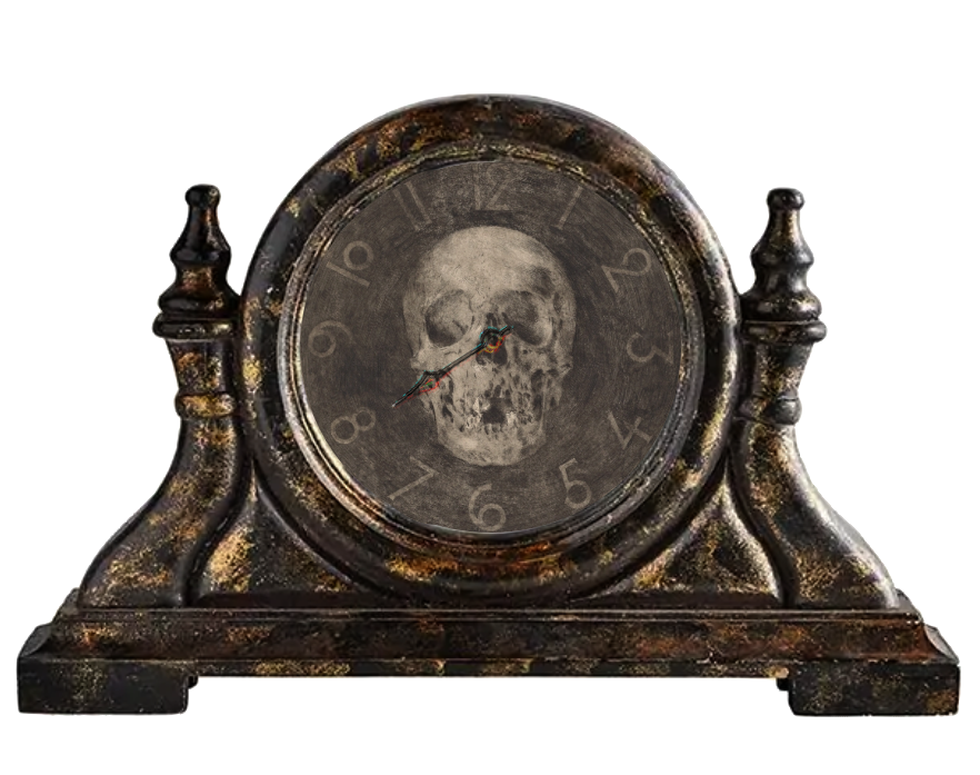 An old, seemingly burned brass clock. Its face has a faded skull behind it and hand-written numbers. There is only a single hand on it that seems warped between the colors red and blue. The hand points to the number 8.